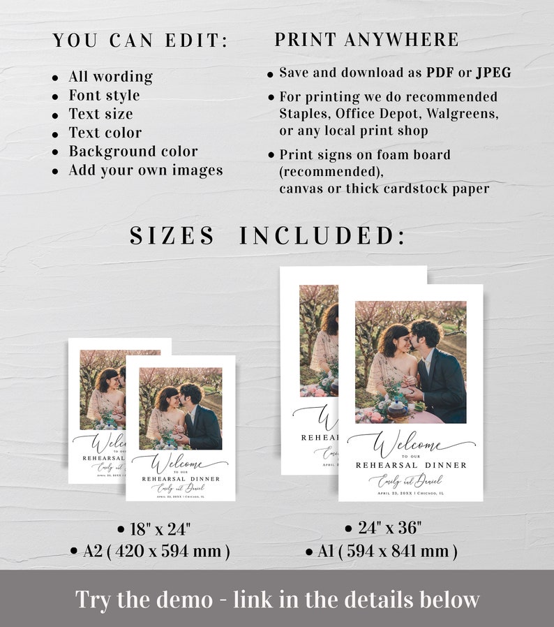May include: Two printable welcome signs for a rehearsal dinner. The signs feature a couple in a romantic setting with the text "Welcome to our Rehearsal Dinner" and the couple's names. The signs are available in two sizes: 18 inches by 24 inches (A2) and 24 inches by 36 inches (A1).