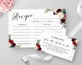 Burgundy recipe card template Double-sided recipe card printable Burgundy bridal shower Recipe card insert Floral Download Templett BFAC9