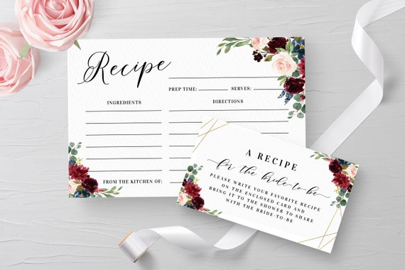 Floral recipe card template Burgundy bridal shower Digital download Templett BFAC9