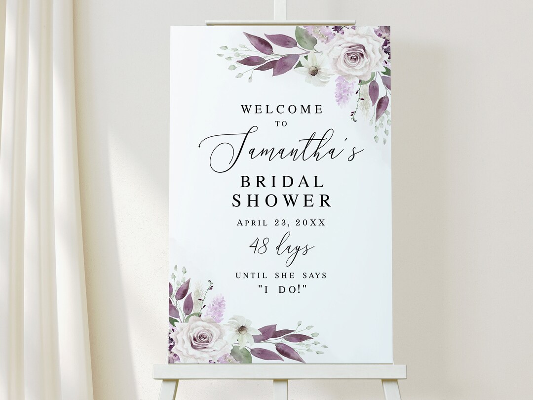 Purple Floral Bridal Shower Welcome Sign Template Modern Hens Party ...