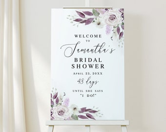 Panneau de bienvenue pour la douche nuptiale violet Panneau de bienvenue modifiable Affiche de bienvenue violette imprimable Panneau de bienvenue floral floral Télécharger Templett PURFSW27