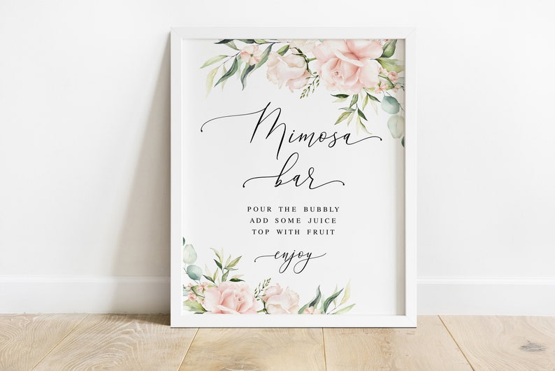 Pink roses Mimosa bar sign and Juice jar labels template Editable signs Bridal shower Cocktail party Bachelorette Download Templett WSPR-A image 1