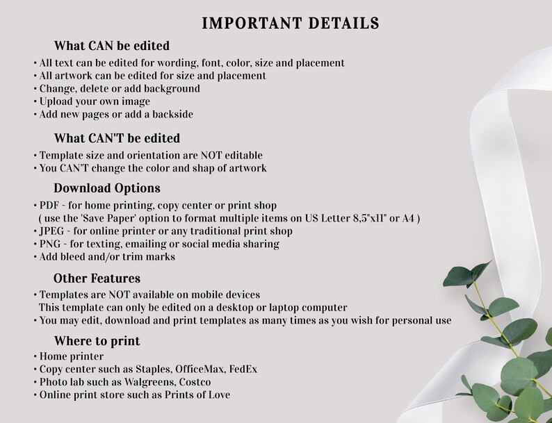 Puede incluir: Una gu&iacute;a de dise&ntilde;o de plantilla imprimible con detalles sobre qu&eacute; se puede y qu&eacute; no se puede editar, opciones de descarga y d&oacute;nde imprimir. La gu&iacute;a incluye informaci&oacute;n sobre formatos de archivo, como PDF, JPEG y PNG, y menciona el uso de marcas de recorte y sangrado.