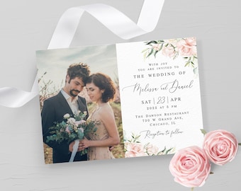 Pink roses floral wedding invitation template Customizable invite with photo Digital download Templett WSPR-A