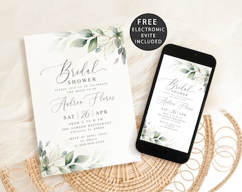 Gold foliage Bridal shower invitation template Editable invite printable Electronic bridal invite Digital DIY Download Templett AGFW-1