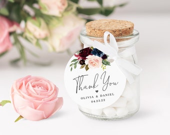 Burgundy round gift tag template Floral wedding favor thank you tag Editable download BFAC9
