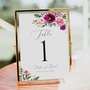 Fuchsia wedding table number card template Editable table number card Floral table number card printable Digital Download Templett FTeW-A1