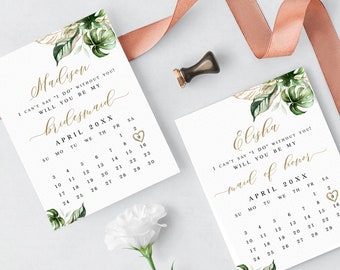 Greenery calendar bridesmaid proposal card template Editable proposal card Tropical proposal card printable DIY Download Templett SWC-TR