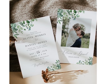 Eucalyptus wedding invitation template Editable photo invite printable Greenery wedding invite Modern wedding invite Download WEUF-3