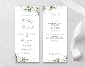 Plantilla de programa de boda con follaje dorado. Programa de decoración floral editable. Descarga digital. Templett AGFW-1