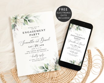 Engagement party invitation template Gold foliage engagement invite Greenery engagement e-invite Digital Download Edit with Templett AGFW-1