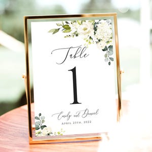White roses wedding table number card template Hydrangea floral design Editable download Templett AWHR-1