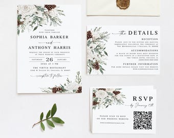 Conjunto de invitaciones de invierno estilo boho. Conjunto moderno para bodas de invierno. Invitación personalizable. Descarga editable. Templett SWC-BW11