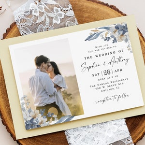 Dusty blue invitation template Editable Modern wedding invite printable Floral wedding invite with picture DIY Download Templett wfdb-f3