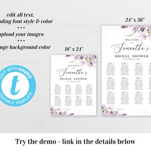 Small seating chart Welcome bridal shower Hens party poster Editable template Lavender wedding seating Printable Download Templett LaWed-A image 2