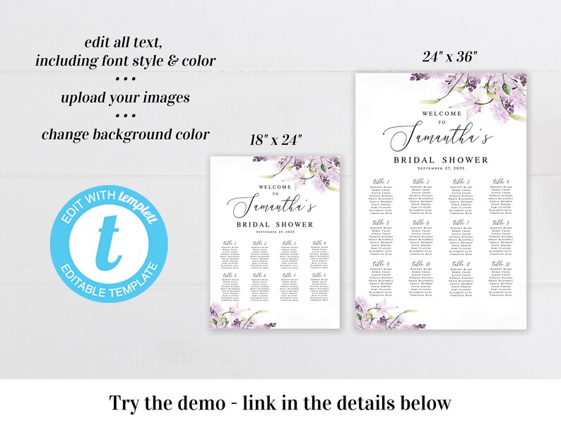 Small seating chart Welcome bridal shower Hens party poster Editable template Lavender wedding seating Printable Download Templett LaWed-A image 2