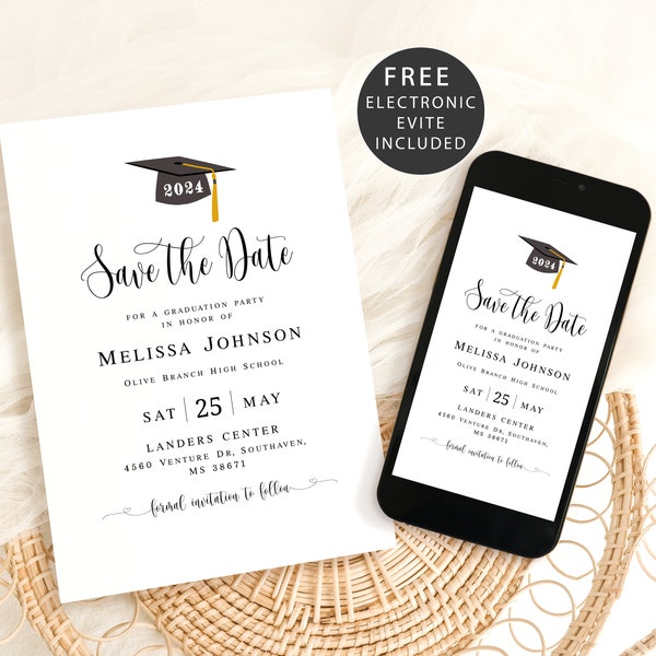 Save the date graduation template printable Electronic save the date graduation announcement Class of 2024 College graduation Templett