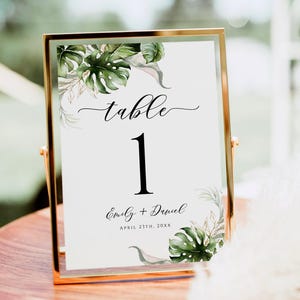 Tropical table number card printable Greenery table number card template Wedding table number card Editable DIY Download Templett SWC-TR