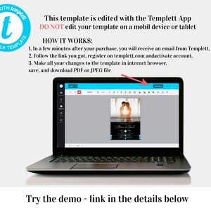 May include: A laptop computer screen displaying a web page with a wedding invitation template. The template is being edited using the Templett App. The text on the screen reads "Ever After" and "Alice and David". The text on the screen also reads "This template is edited with the Templett App. DO NOT edit your template on a mobile device or tablet."
