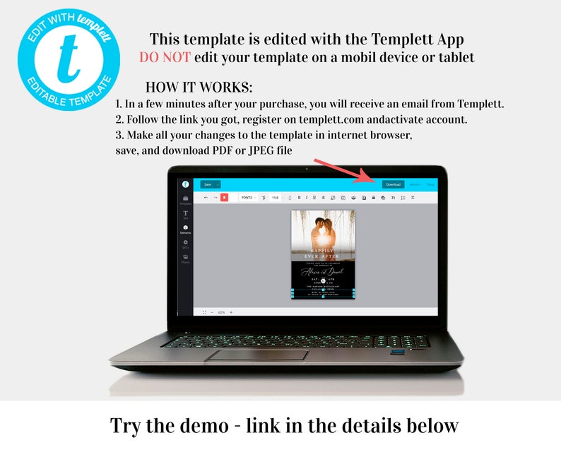 May include: A laptop computer screen displaying a web page with a wedding invitation template. The template is being edited using the Templett App. The text on the screen reads "Ever After" and "Alice and David". The text on the screen also reads "This template is edited with the Templett App. DO NOT edit your template on a mobile device or tablet."