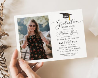 Plantilla de invitación de graduación fotográfica Invitación de graduación editable con foto Celebración de graduación Clase de 2024 Descarga imprimible Templett