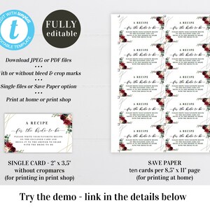 May include: Printable recipe cards for a bridal shower. The cards feature a burgundy, green, and gold floral design with the text "A Recipe for the Bride-to-Be".