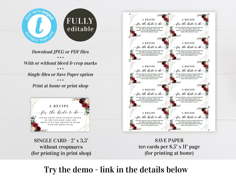 May include: Printable recipe cards for a bridal shower. The cards feature a burgundy, green, and gold floral design with the text "A Recipe for the Bride-to-Be".