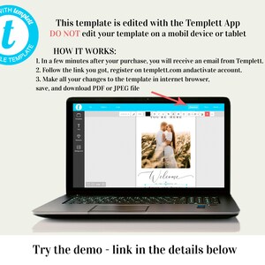 May include: A laptop computer displaying a website with a wedding welcome sign template. The template features a photo of a couple in a field, the text "You're Here", and the word "Welcome" in a script font. The website is called Templett.