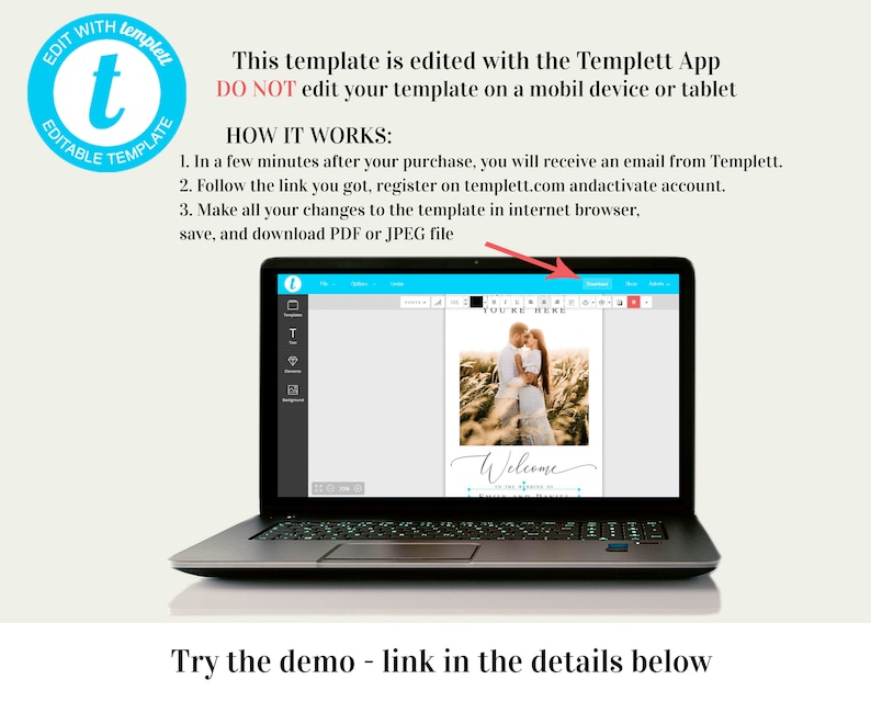 May include: A laptop computer displaying a website with a wedding welcome sign template. The template features a photo of a couple in a field, the text "You're Here", and the word "Welcome" in a script font. The website is called Templett.
