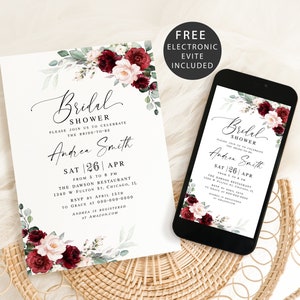 Burgundy bridal shower invitation template Floral bridal invite printable Burgundy bridal brunch e-invite Digital Download Templett BSA-35