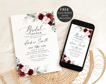 Burgundy bridal shower invitation template Editable invite printable Floral bridal invite Burgundy electronic invite Digital Download BSA-35