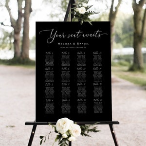 Black seating chart template printable Editable seating chart Wedding guest list Modern wedding seating poster Download Templett Blwht-30