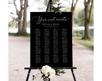 Black seating chart poster Editable template Black and White Guest list Outdoor wedding decor Board printable Download Templett Blwht-30