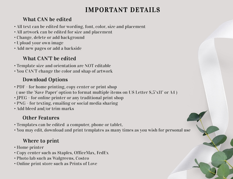May include: A white background with black text outlining the details of what can and cannot be edited in a printable template. The text also includes information about download options, other features, and where to print the template.