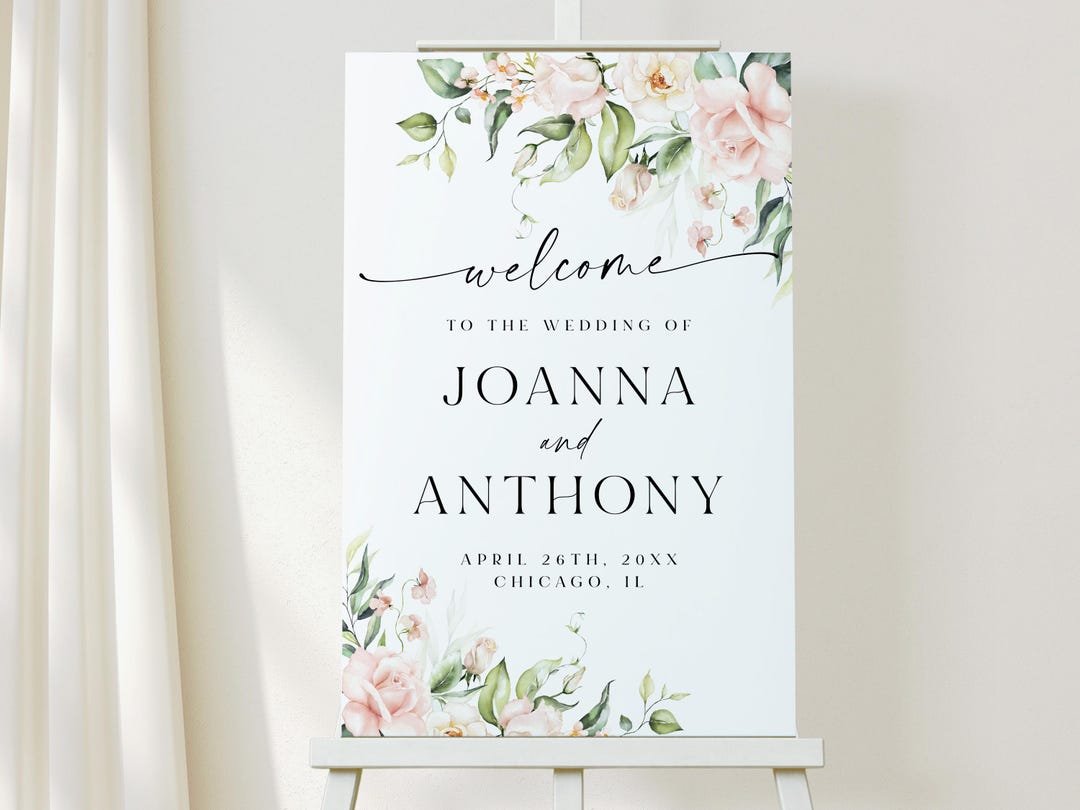 Pink Roses Wedding Welcome Sign Customizable Template Floral Wedding ...