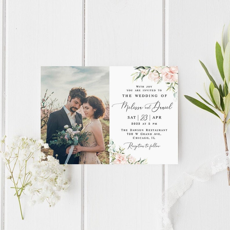 Wedding invitation template Self-editable photo invite Picture Pink roses Printable Calligraphy Digital DIY Download WSPR-A image 1