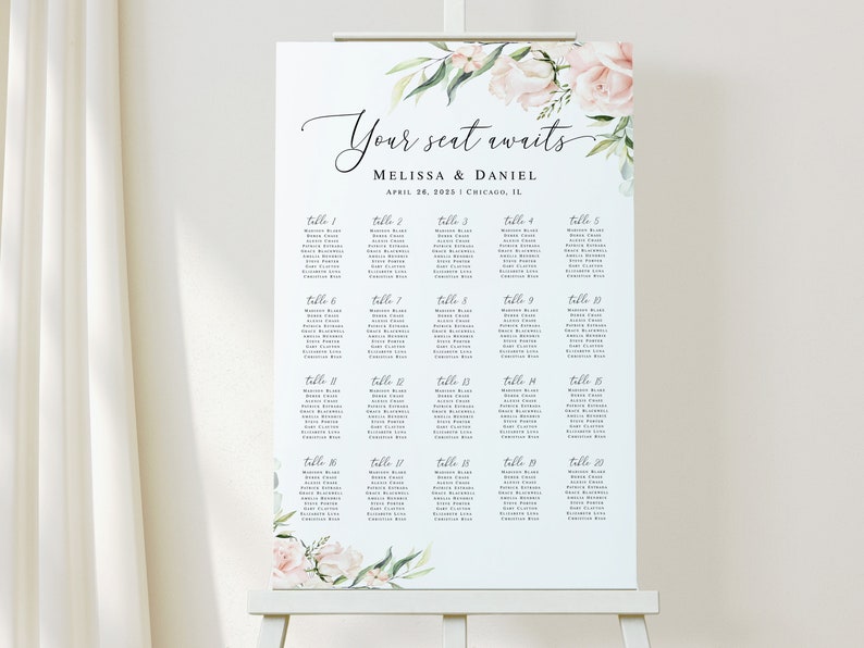 Seating Chart Poster Template Printable Editable Guest List Etsy