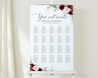 Modèle de plan de table pour mariage floral Bourgogne Liste d'invités modifiable Téléchargement numérique Templett BSA-35