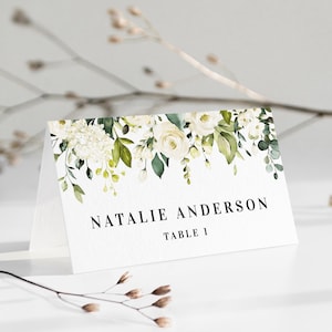 Floral Platzkarten Vorlage Weiße Rosen Hochzeit Platzkarten Druckbare Platzkarten Tischkarten Anpassbar Download Templett AWHR-1