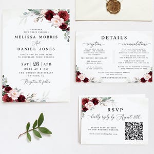 May include: Wedding invitation with a floral design featuring burgundy and blush pink flowers. The invitation includes the names Melissa Morris and Daniel Jones, the date Saturday, April 26, 2025, and the time 4:00 PM. The invitation also includes the location of the wedding, The Dawson Restaurant in Chicago, Illinois. The invitation also includes a QR code for RSVP.