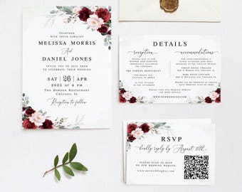 Suite d'invitations automne moderne imprimable parure de mariage sauge bourgogne imprimable Téléchargement modifiable Templett BSA-35