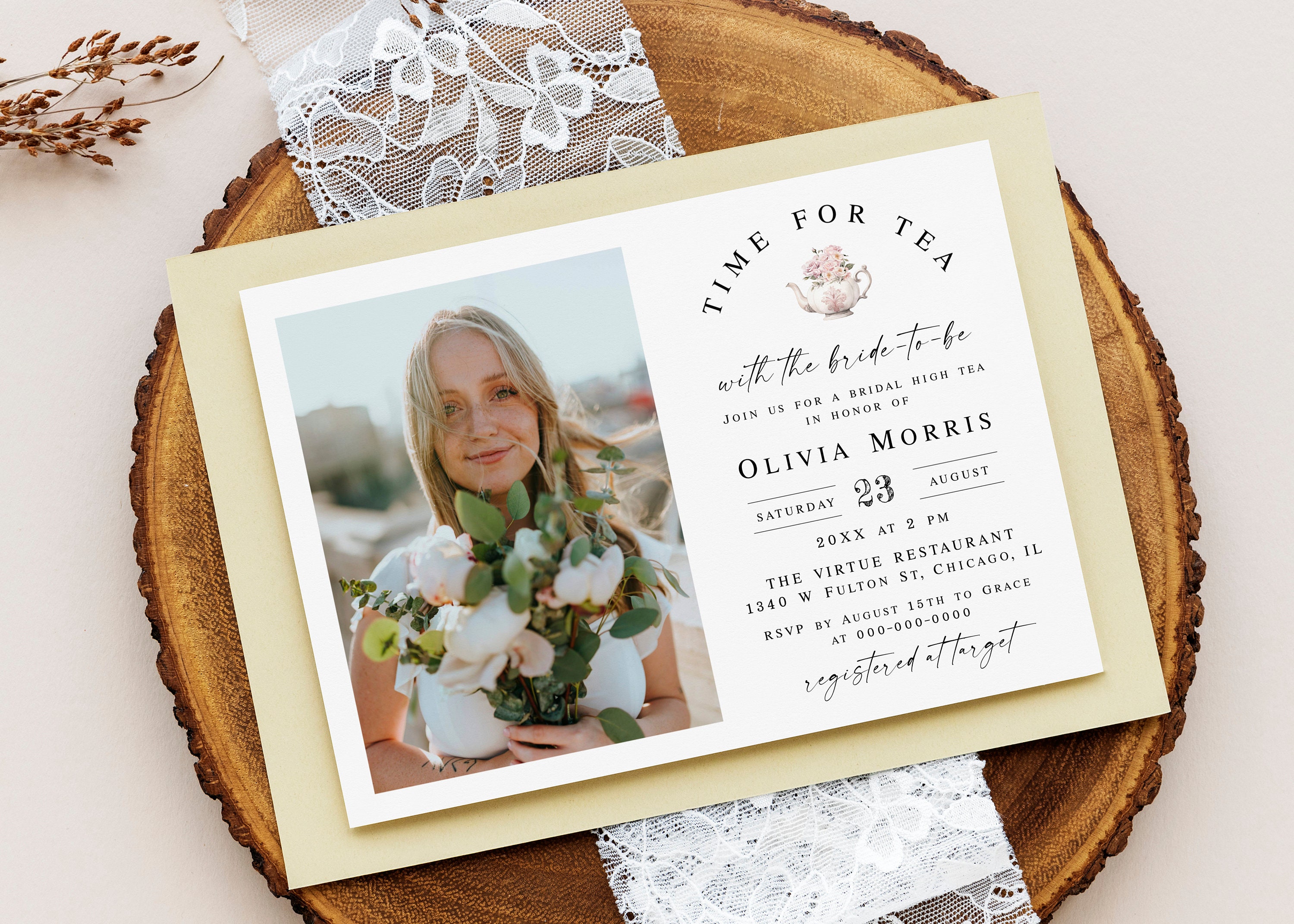 Bridal shower tea party invitation template Editable bridal invite with picture Modern time for tea invite printable DIY Download Templett