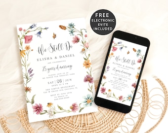 Wildflowers wedding vow renewal invitation template Editable floral invite Digital download Templett BIFILDSWC