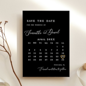 Plantilla de calendario negro para guardar la fecha Plantilla editable para guardar la fecha Calendario moderno para imprimir Anuncio de boda DIY Descargar Templett Blwht-30