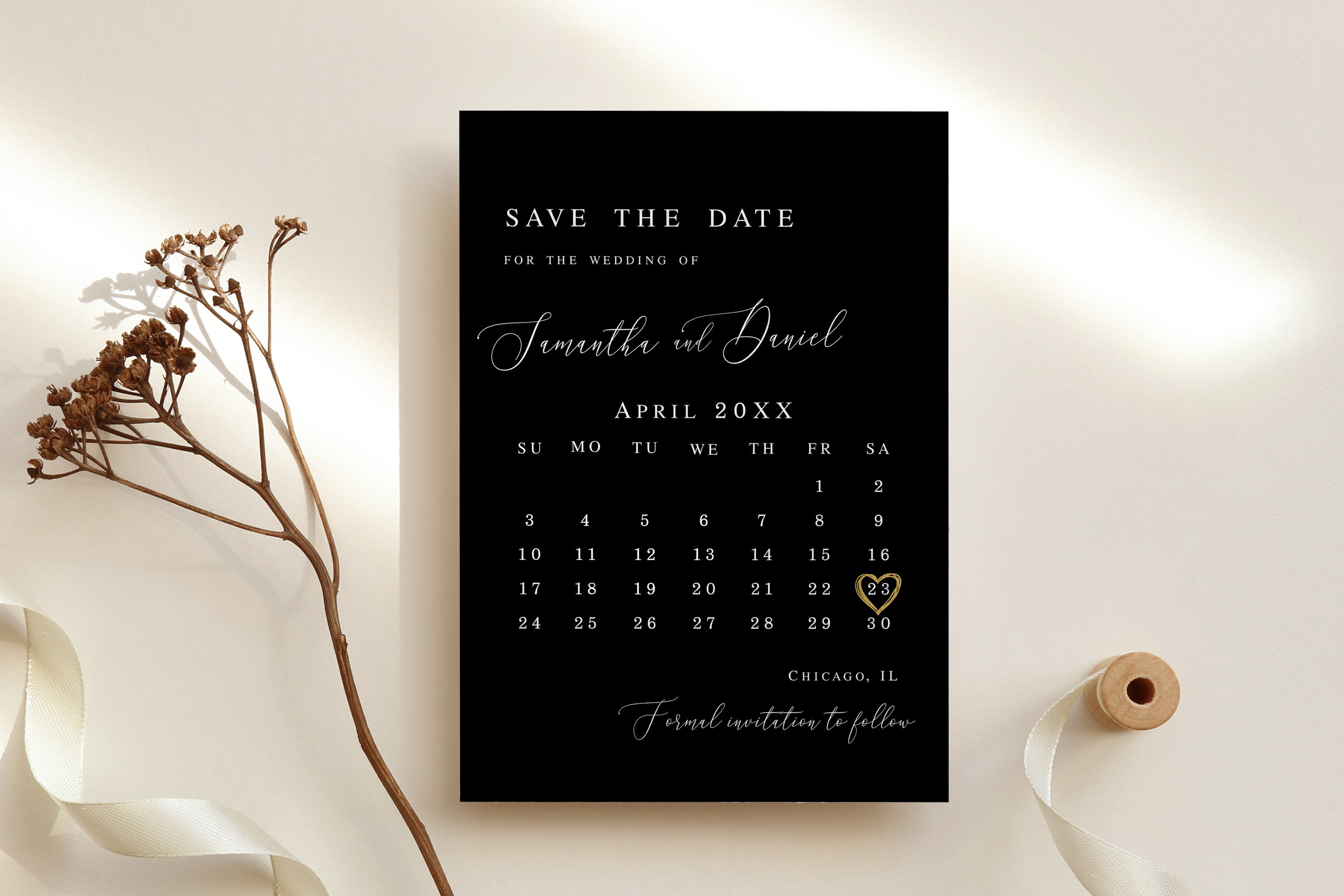 Black Calendar Save the Date Editable Template Engagement Date Black and  White Wedding Announcement Personalized Printable Download Blwht-30 