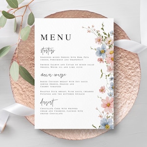 Plantilla de tarjeta de menú floral Tarjeta de menú de flores silvestres imprimible Menú personalizable Brunch nupcial Menú descargable Editar con Templett SWBS05