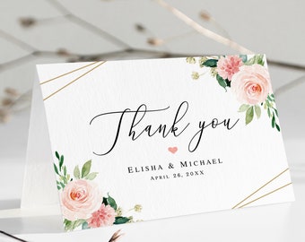 Blush thank you card template Editable Fold and Flat thank you card Pink flowers thank you card Digital DIY Download Templett BLWED-6A