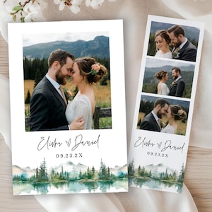 May include: Wedding stationery set including an invitation and a photo strip. The invitation features a photograph of a couple and a watercolor landscape. The names "Elisha & Daniel" and the date "09.23.2X" are printed on the invitation.