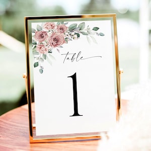 Carte de numéro de table de mariage roses cendrées Modèle de carte numérique modifiable Carte de numéro florale Décoration de table de mariage DIY Télécharger Templett SDURS-10f