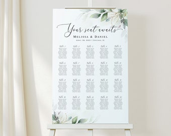 Gold foliage seating chart template Editable seating chart Wedding guest list Greenery seating poster printable Download Templett AGFW-1